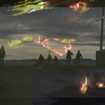 silhouettes of people working on a construction site, sun setting in the background