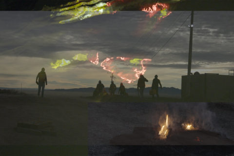 silhouettes of people working on a construction site, sun setting in the background